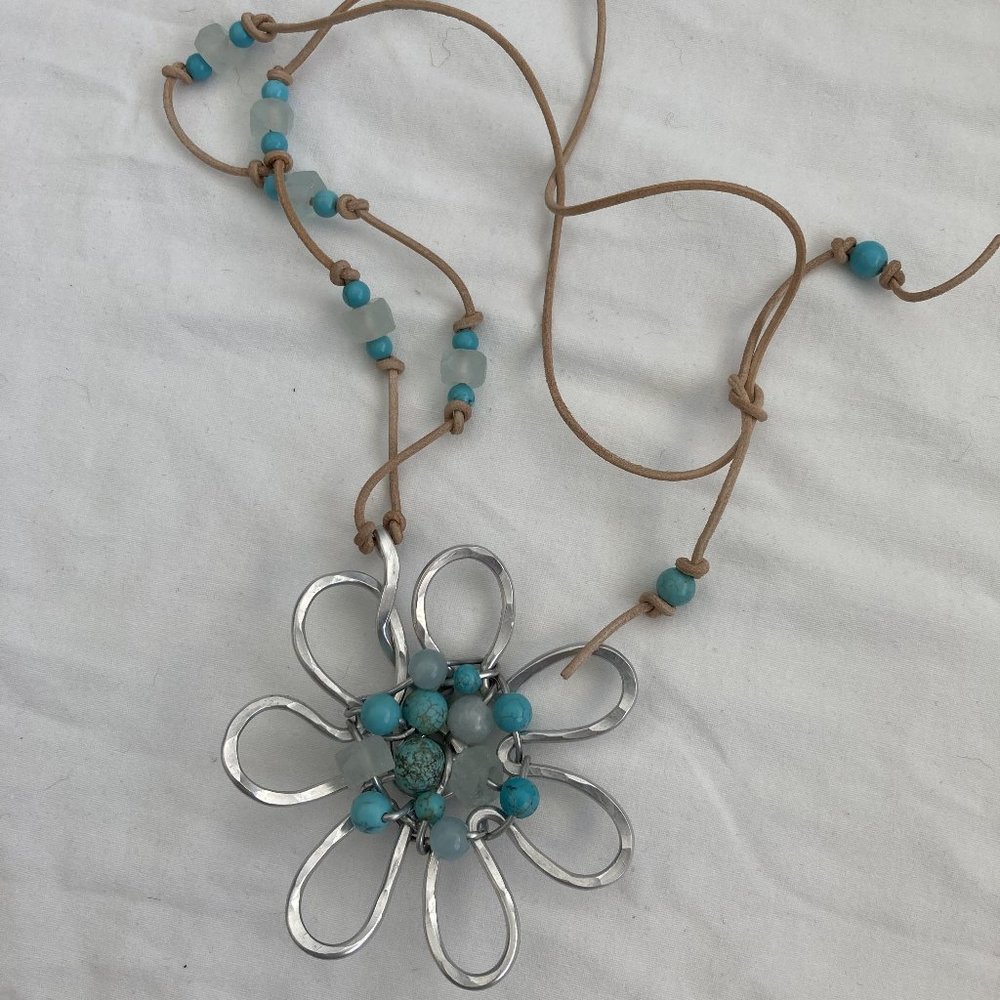 Large Hammered Aluminum Flower Necklace Turquoise Beads Handmade by Meigsart
